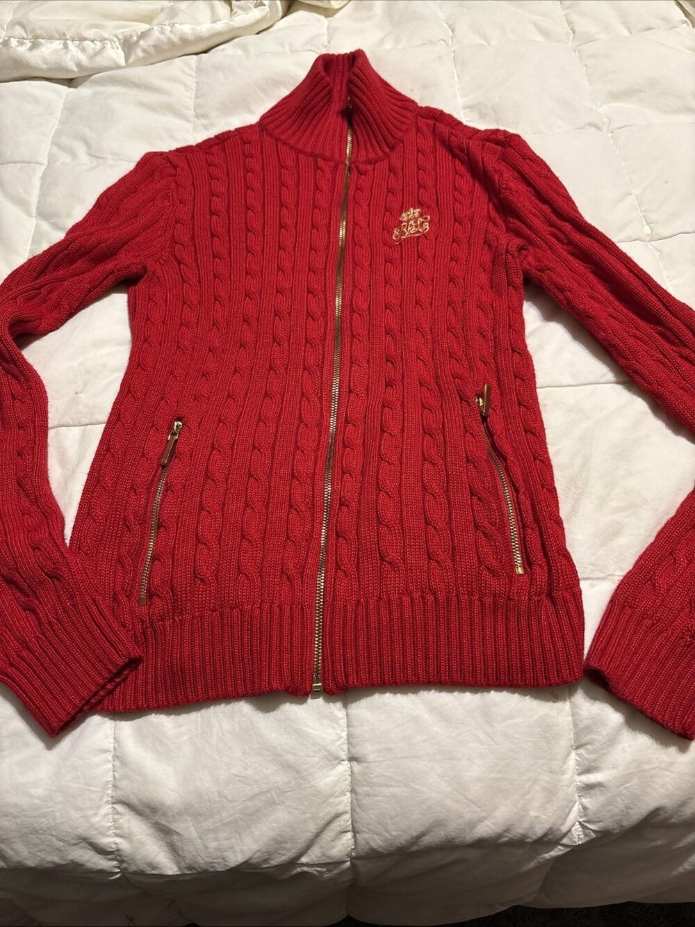 Lauren Ralph Lauren Red Cable Knit Full Zip Sweater Golden Trim Extra Small